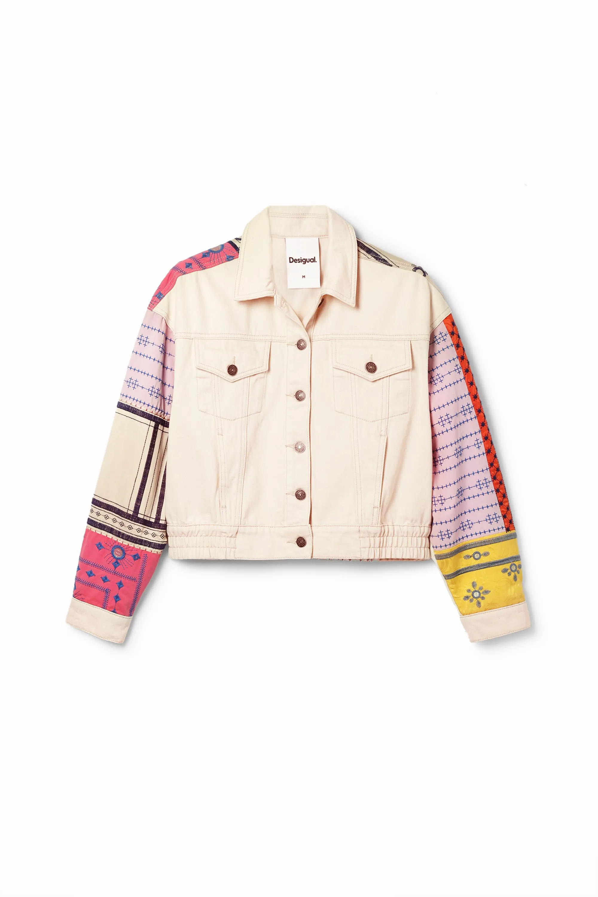 Desigual Julie Cream Short Denim Jacket with Colourful Patchwork Arms and Back 24SWED02