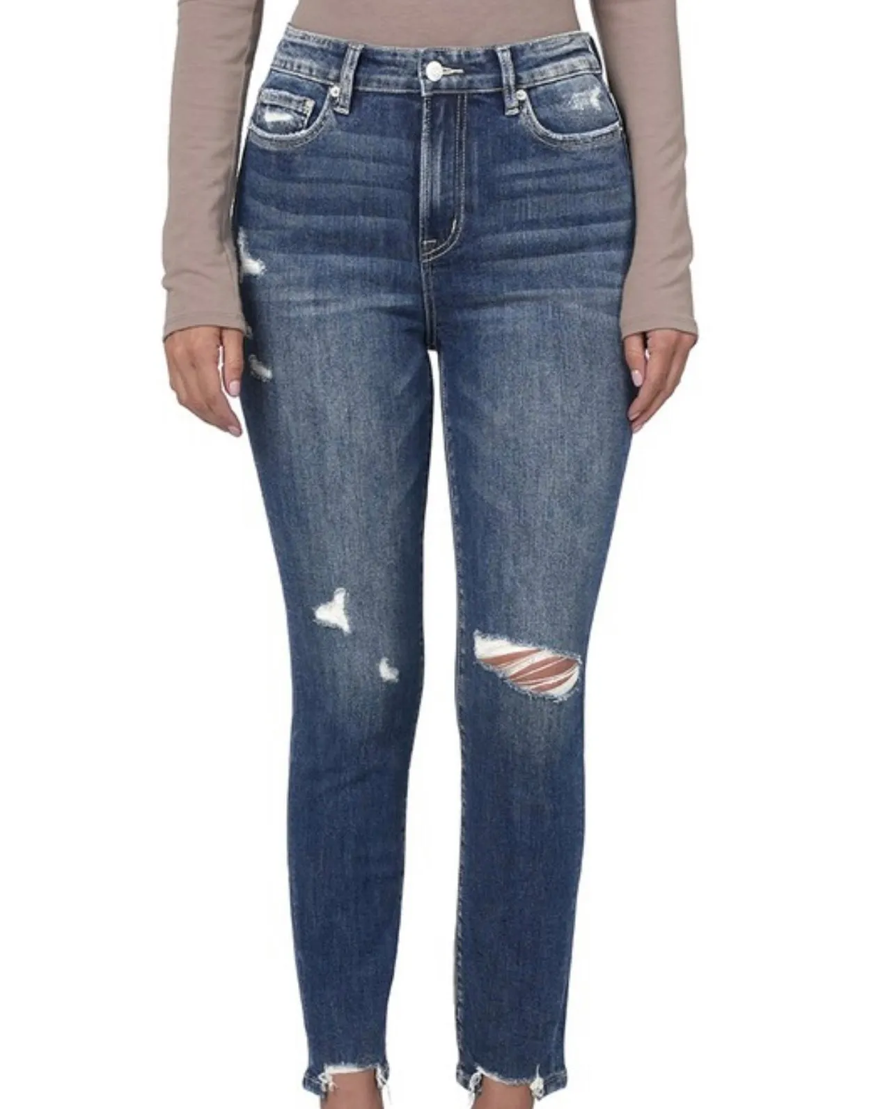 Distressed Hem Ankle Skinny Denim Jeans