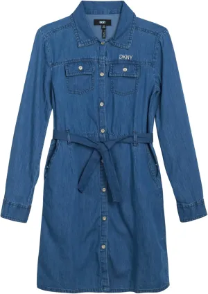 DKNY Girls’ Casual Dress - Button Down Denim Dress - Chambray Denim Jumper Jean Dress for Girls (7-16)