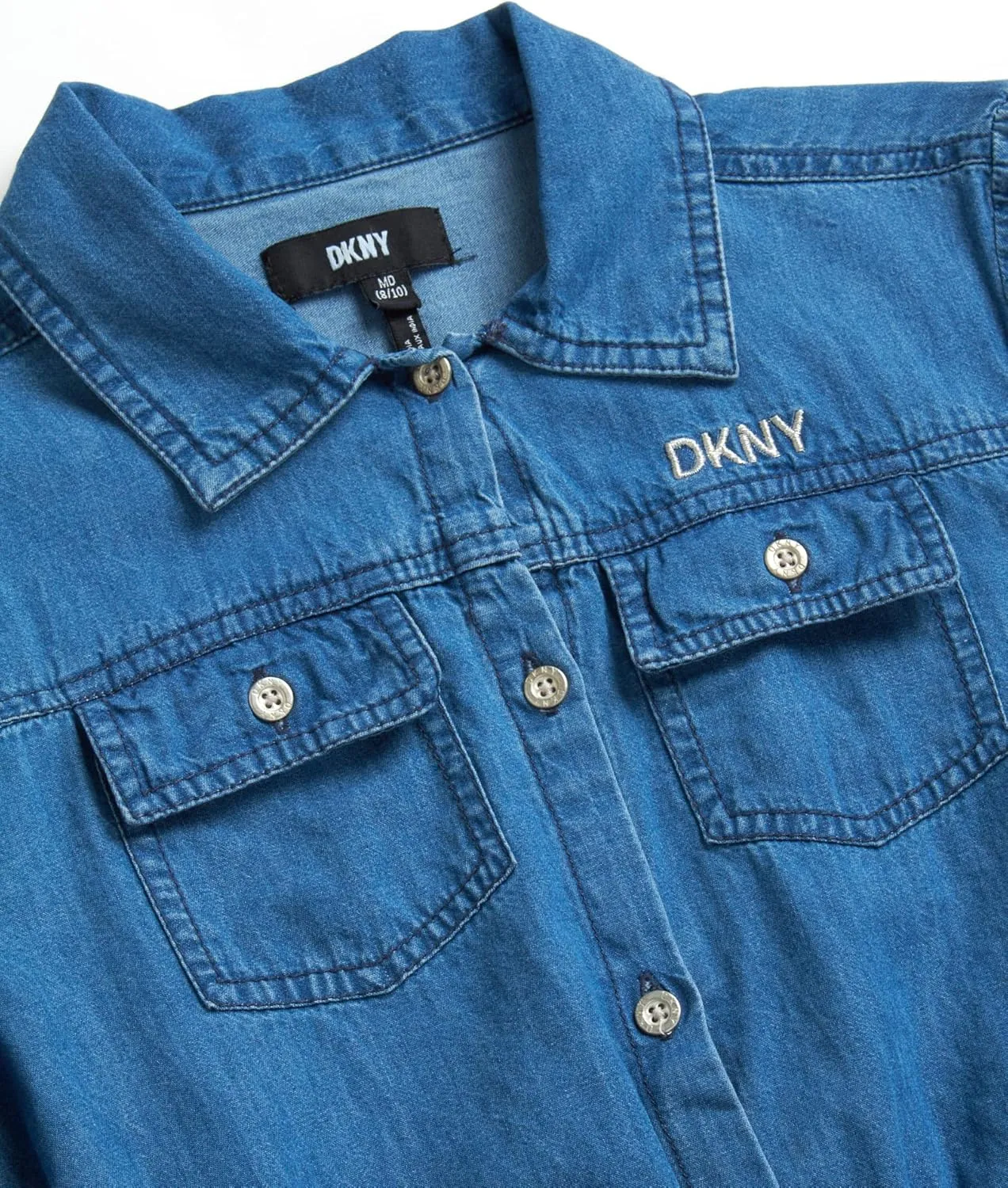 DKNY Girls’ Casual Dress - Button Down Denim Dress - Chambray Denim Jumper Jean Dress for Girls (7-16)