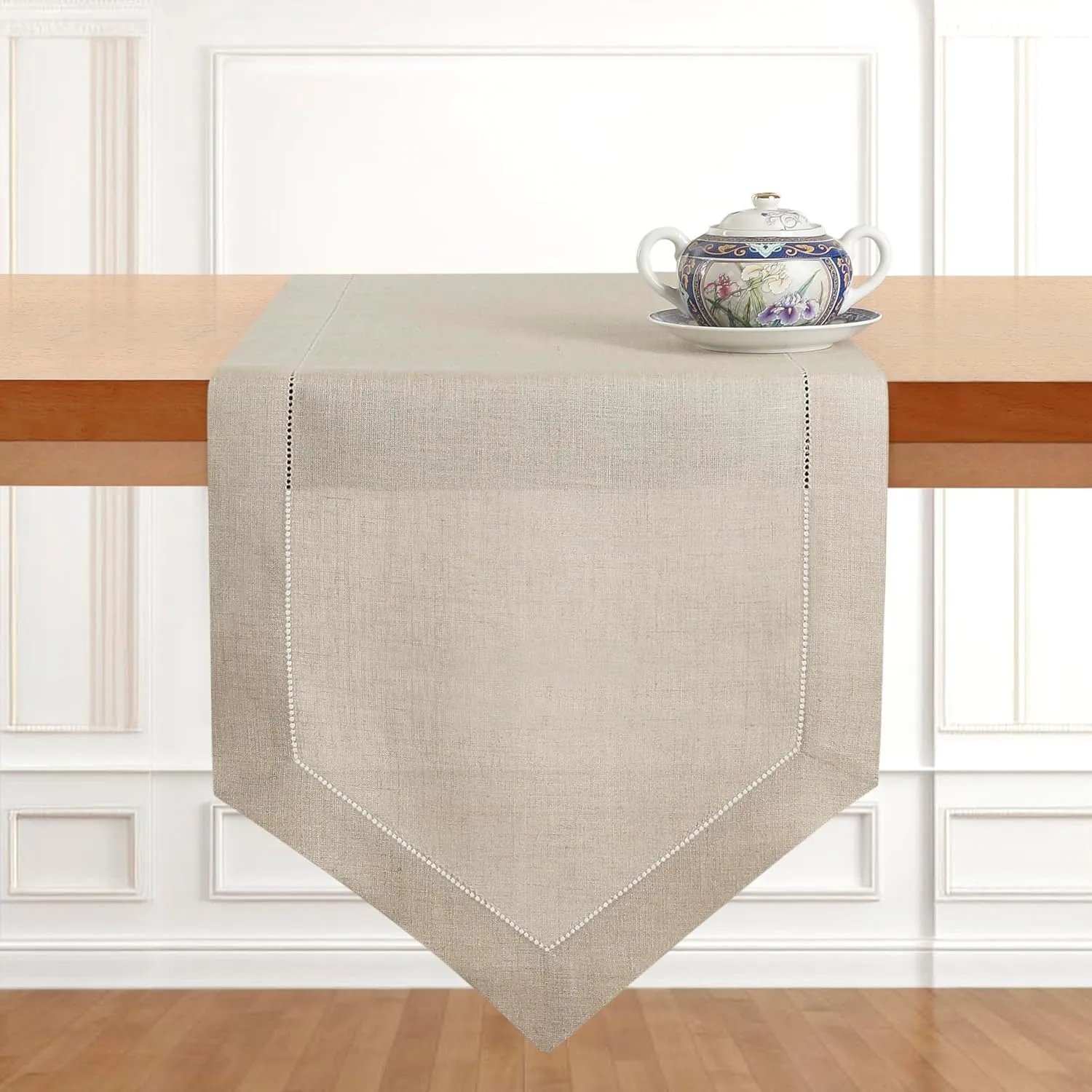 D'Moksha Homes Natural Linen Table Runner 90 Inches Long - 100% Pure Linen Diamond Table Runner 14 x 90 Inch - Machine Washable Dining Table Runner for Summer