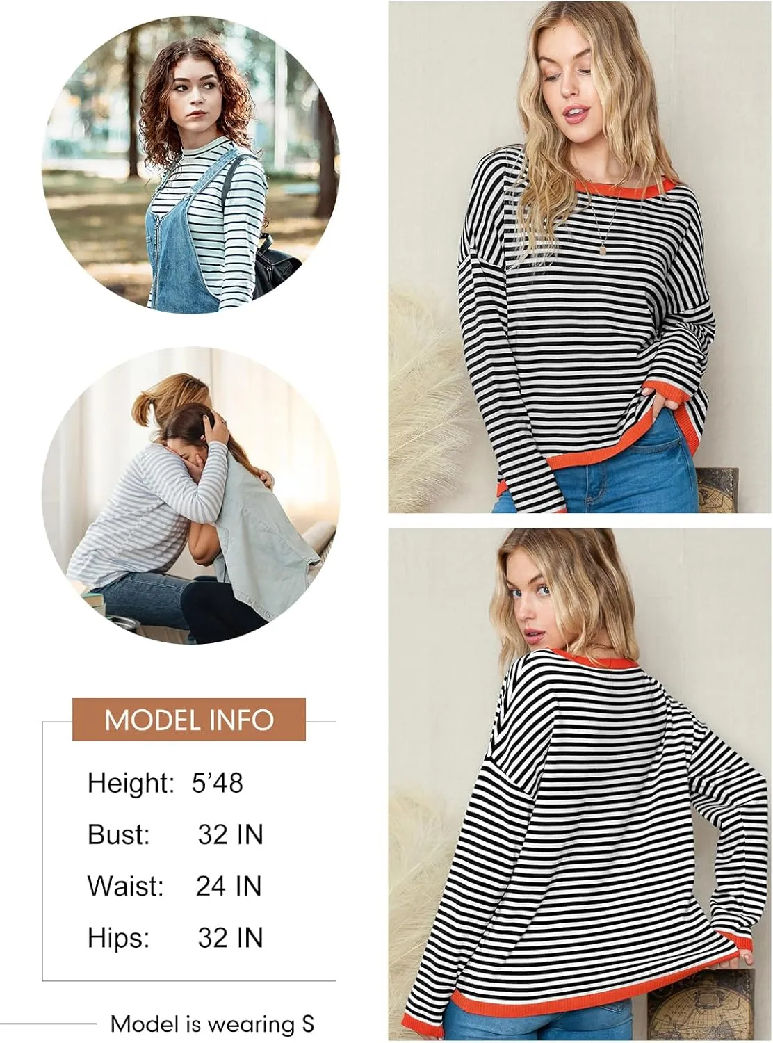 Dokotoo Long Sleeve Shirts for Women Casual Spring Crewneck Striped Color Block Shirt High Low Pullover Sweater Tops