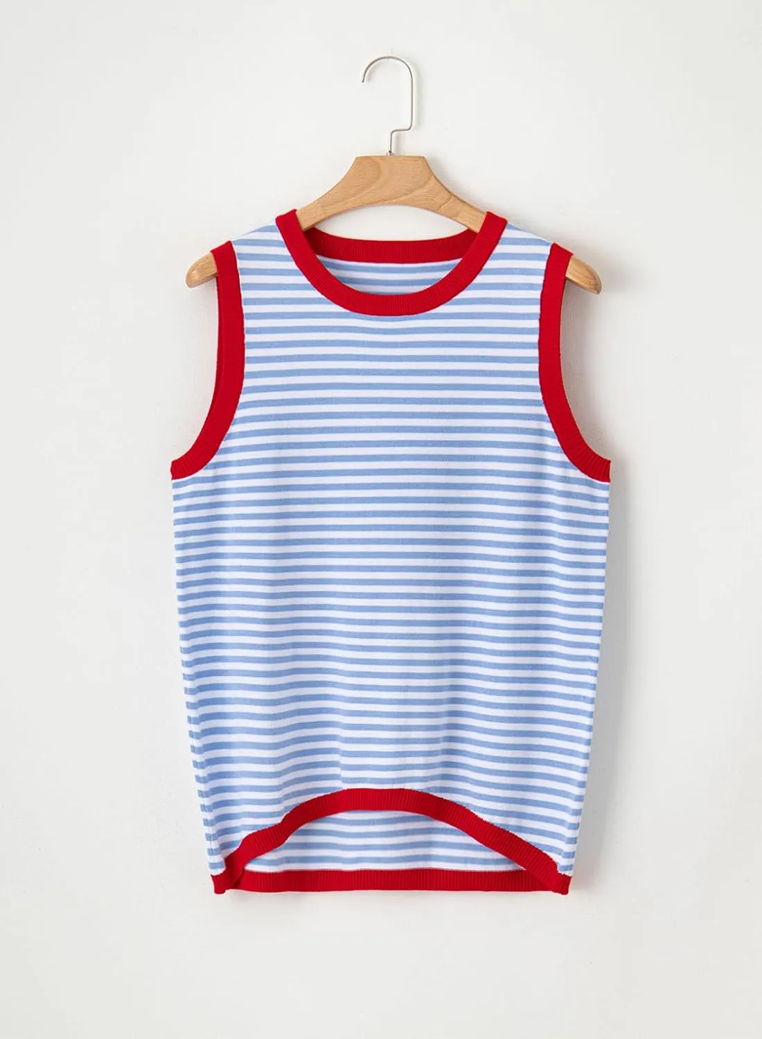 Dokotoo Womens Summer Tops 2025 Casual Striped Color Block High Neck Tank Top Loose Knit High Low Sleeveless Shirts Blouses