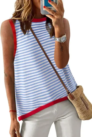 Dokotoo Womens Summer Tops 2025 Casual Striped Color Block High Neck Tank Top Loose Knit High Low Sleeveless Shirts Blouses