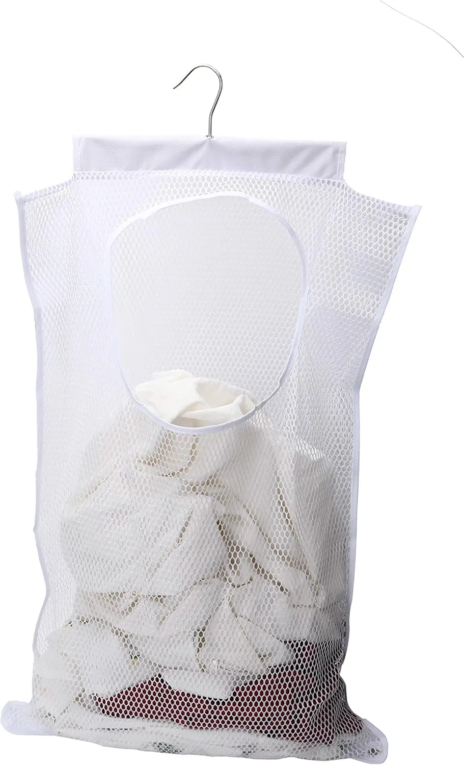 Door-Hanging Mesh Laundry Hamper Bag, Space Saving Corner Small Laundry Basket Dirty Clothes Hamper with Rotating Metal Hanger for Apartment, RV, Camper, Cabin, College Dorm Use(White)