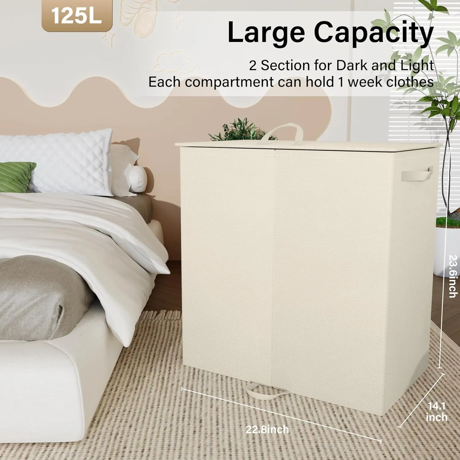Double Laundry Hamper with Lid and 4 Removable Laundry Bags, Collapsible Laundry Hamper 2 Section Dirty Clothes Hamper with Handles for Laundry, Bedroom, Bathroom, Dorm, Beige