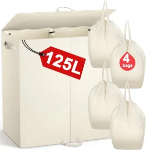 Double Laundry Hamper with Lid and 4 Removable Laundry Bags, Collapsible Laundry Hamper 2 Section Dirty Clothes Hamper with Handles for Laundry, Bedroom, Bathroom, Dorm, Beige