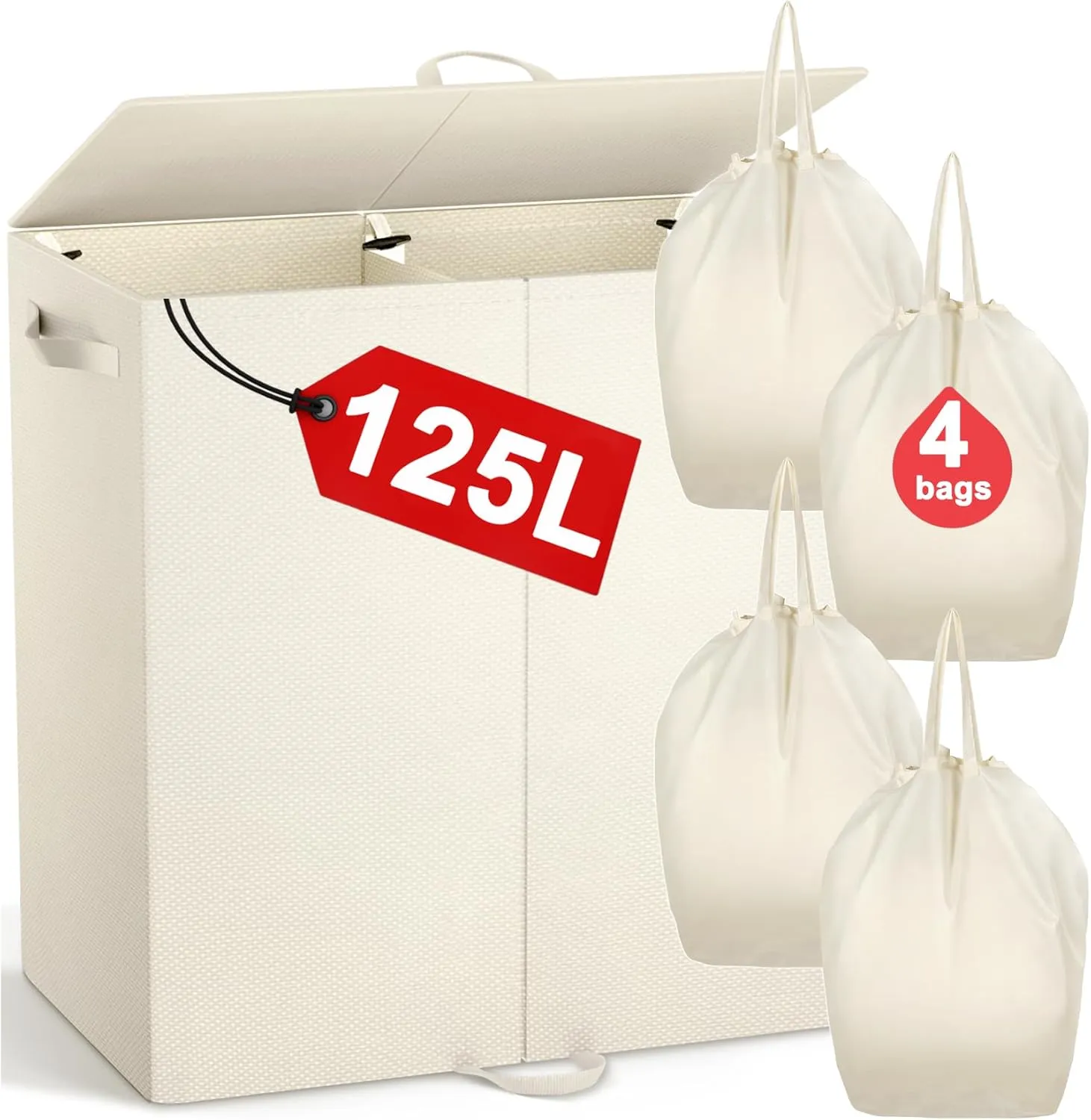 Double Laundry Hamper with Lid and 4 Removable Laundry Bags, Collapsible Laundry Hamper 2 Section Dirty Clothes Hamper with Handles for Laundry, Bedroom, Bathroom, Dorm, Beige