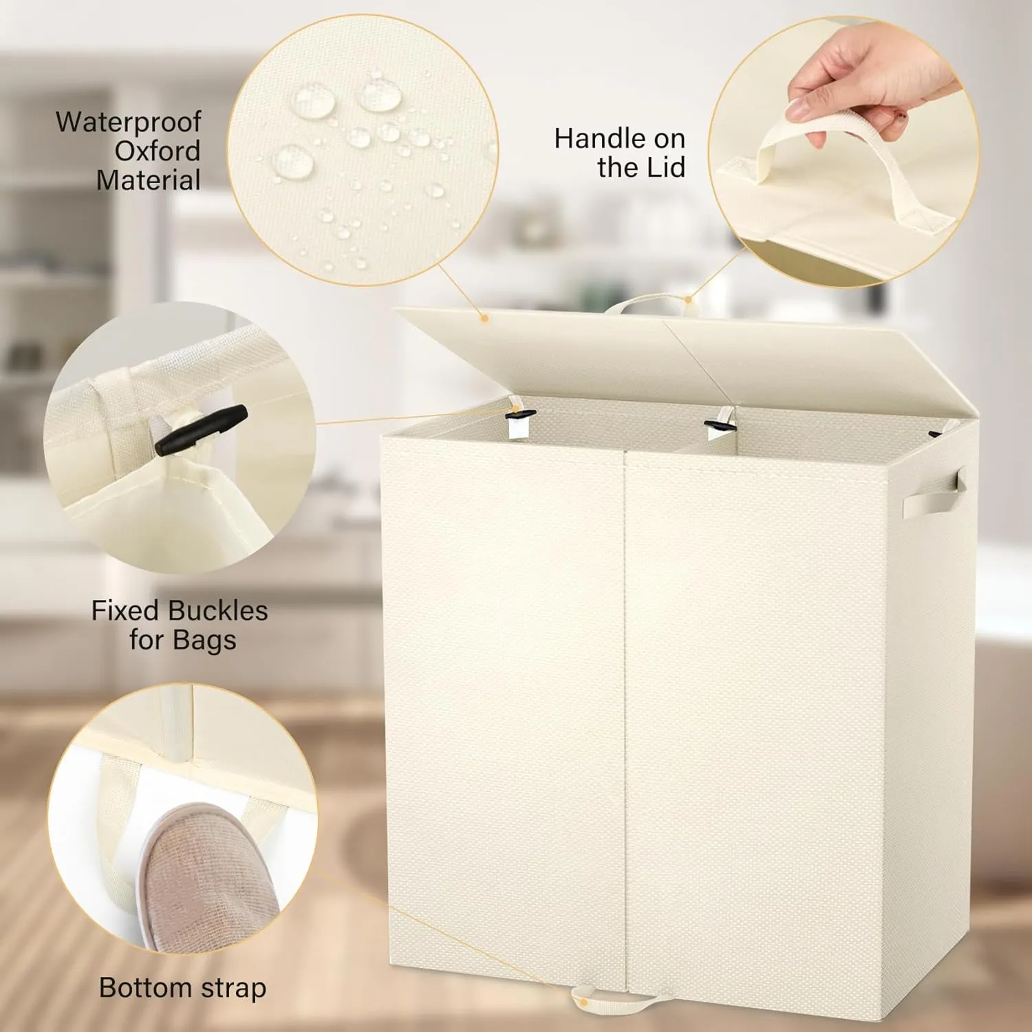 Double Laundry Hamper with Lid and 4 Removable Laundry Bags, Collapsible Laundry Hamper 2 Section Dirty Clothes Hamper with Handles for Laundry, Bedroom, Bathroom, Dorm, Beige