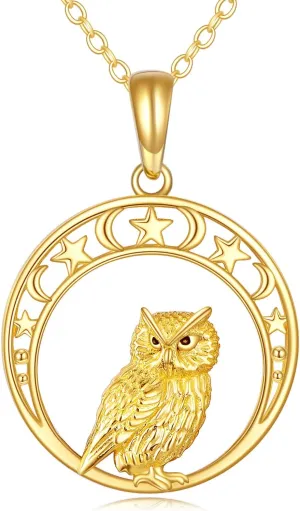 DOVRAN 14k Solid Gold Owl Necklace for Women Moon Star Owl Pendant Necklace Owl Jewelry Birthday Gifts for Her Wife 16"-18"