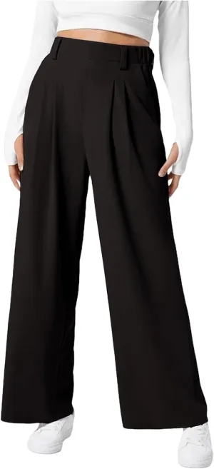 Dress Pants Women Wide Leg High Waisted Button Pleated Business Pants Casual Loose Slacks Trousers with Pockets