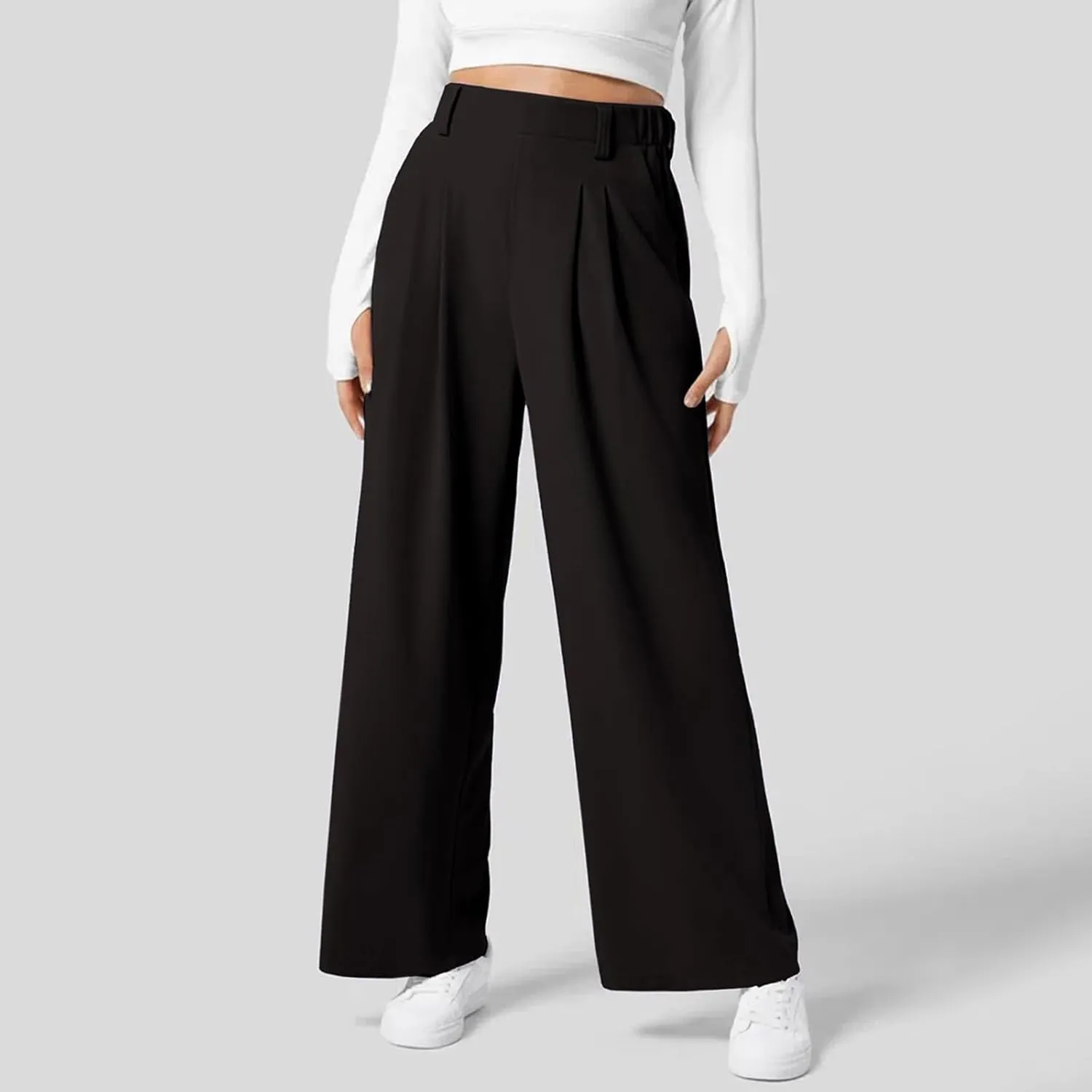 Dress Pants Women Wide Leg High Waisted Button Pleated Business Pants Casual Loose Slacks Trousers with Pockets