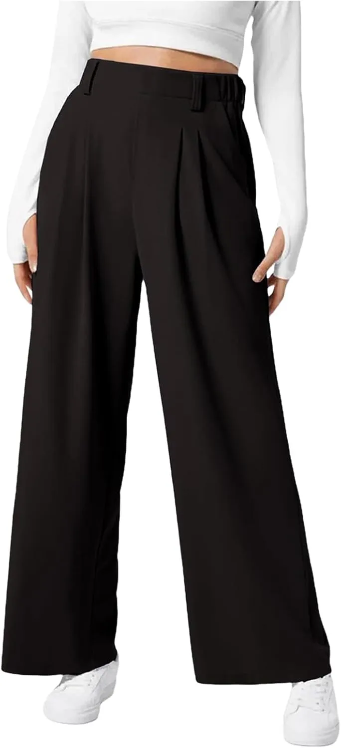 Dress Pants Women Wide Leg High Waisted Button Pleated Business Pants Casual Loose Slacks Trousers with Pockets
