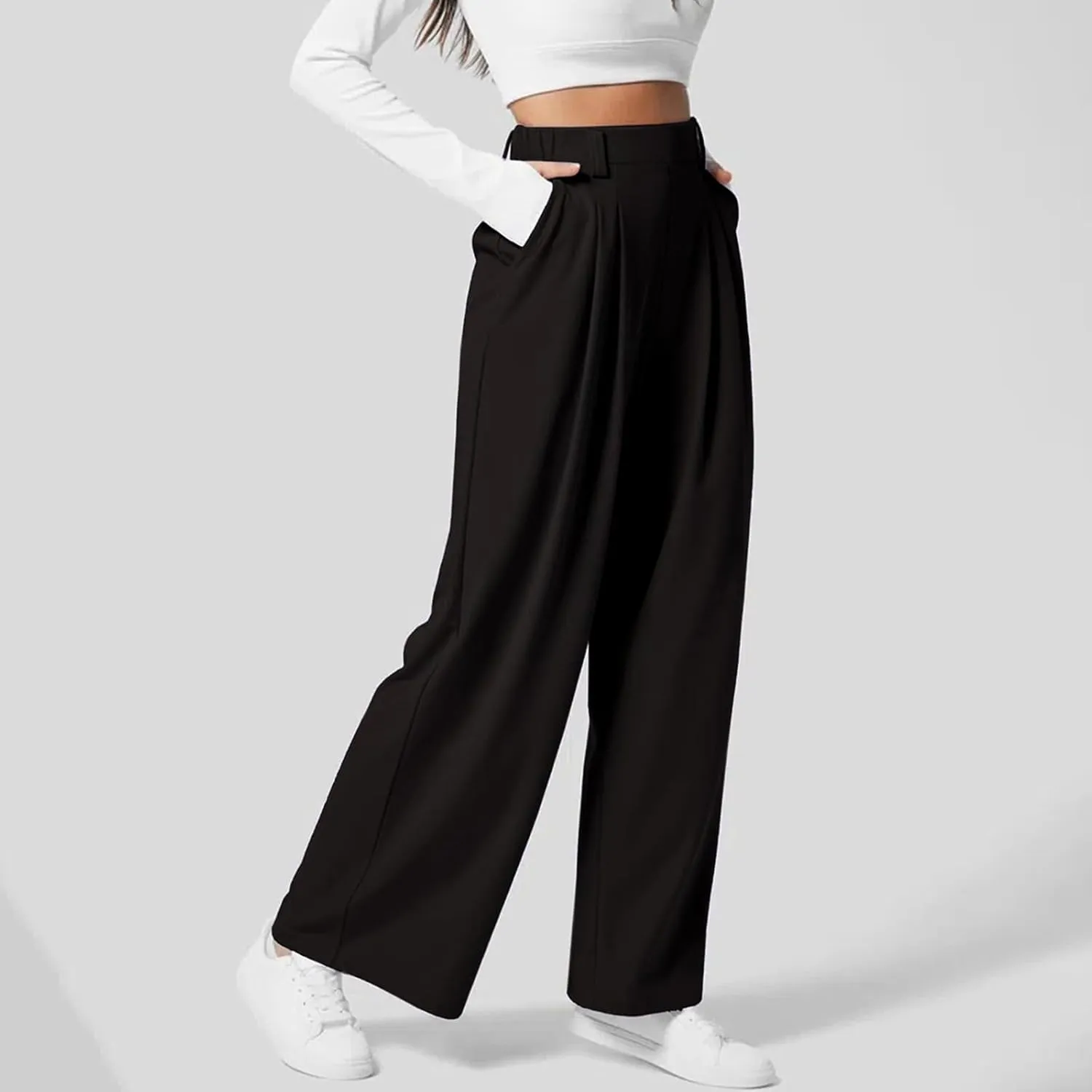 Dress Pants Women Wide Leg High Waisted Button Pleated Business Pants Casual Loose Slacks Trousers with Pockets