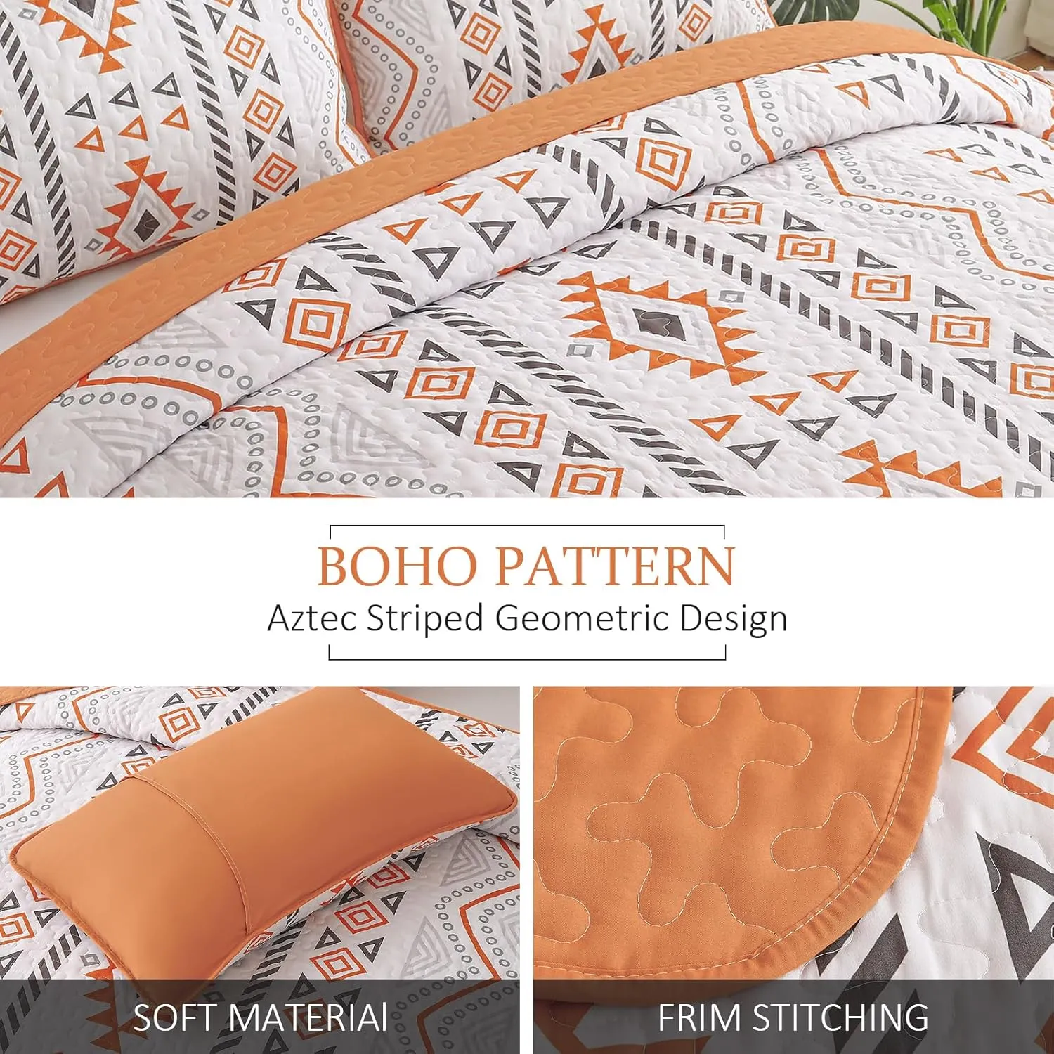 Drucon Boho Aztec Quilt Set Queen Size 3 Pieces Terracotta Ultra Soft Lightweight Fall Quilt Beddding Set, Microfiber Bohemian Bedspread Coverlet Set with 2 Pillowcases for All Season (Queen, 90"x96")