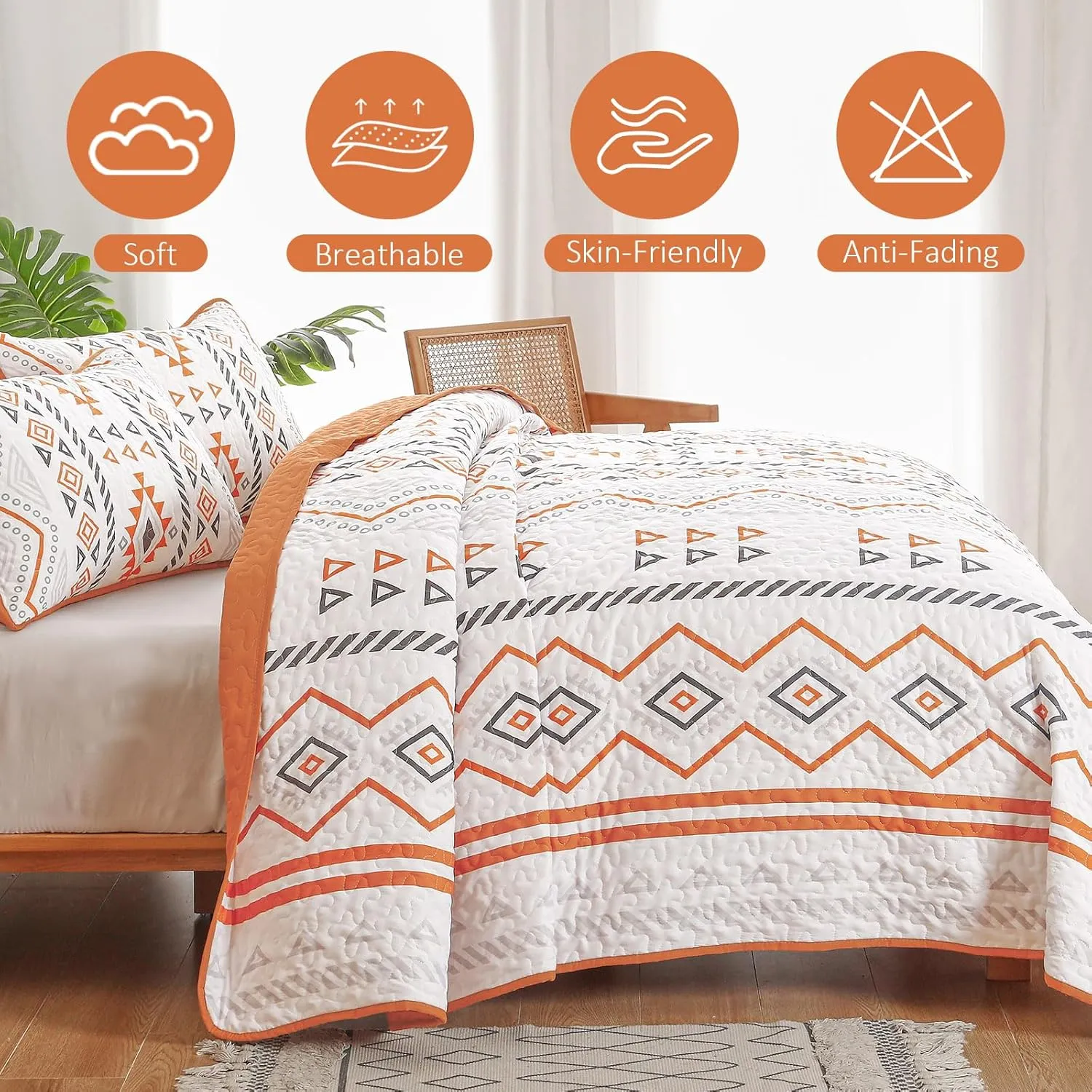 Drucon Boho Aztec Quilt Set Queen Size 3 Pieces Terracotta Ultra Soft Lightweight Fall Quilt Beddding Set, Microfiber Bohemian Bedspread Coverlet Set with 2 Pillowcases for All Season (Queen, 90"x96")
