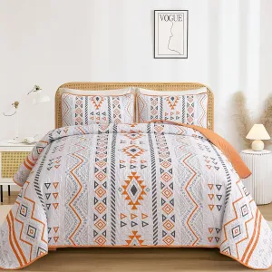 Drucon Boho Aztec Quilt Set Queen Size 3 Pieces Terracotta Ultra Soft Lightweight Fall Quilt Beddding Set, Microfiber Bohemian Bedspread Coverlet Set with 2 Pillowcases for All Season (Queen, 90"x96")