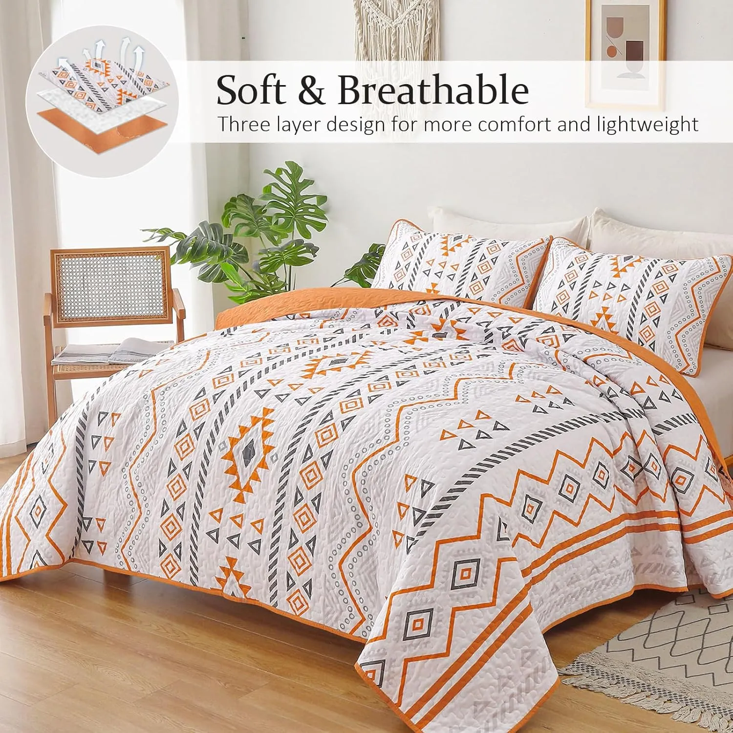 Drucon Boho Aztec Quilt Set Queen Size 3 Pieces Terracotta Ultra Soft Lightweight Fall Quilt Beddding Set, Microfiber Bohemian Bedspread Coverlet Set with 2 Pillowcases for All Season (Queen, 90"x96")