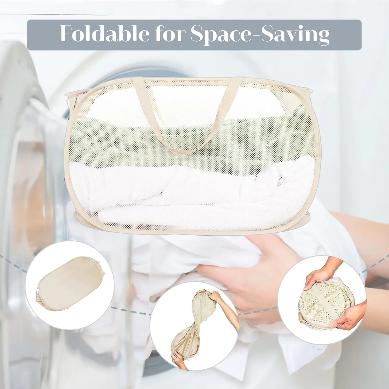 Durable Collapsible Laundry Baskets, Mesh Pop Up Laundry Hamper with Side Pocket, Foldable Clothes Hamper with Reinforced Carry Handles for Laundry, Bathroom, Kids Room, Dorm or Travel 2 Pack Beige