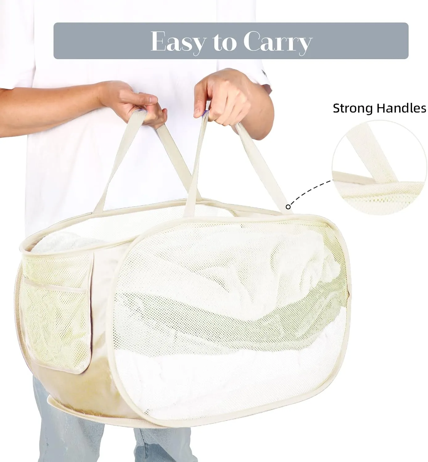 Durable Collapsible Laundry Baskets, Mesh Pop Up Laundry Hamper with Side Pocket, Foldable Clothes Hamper with Reinforced Carry Handles for Laundry, Bathroom, Kids Room, Dorm or Travel 2 Pack Beige