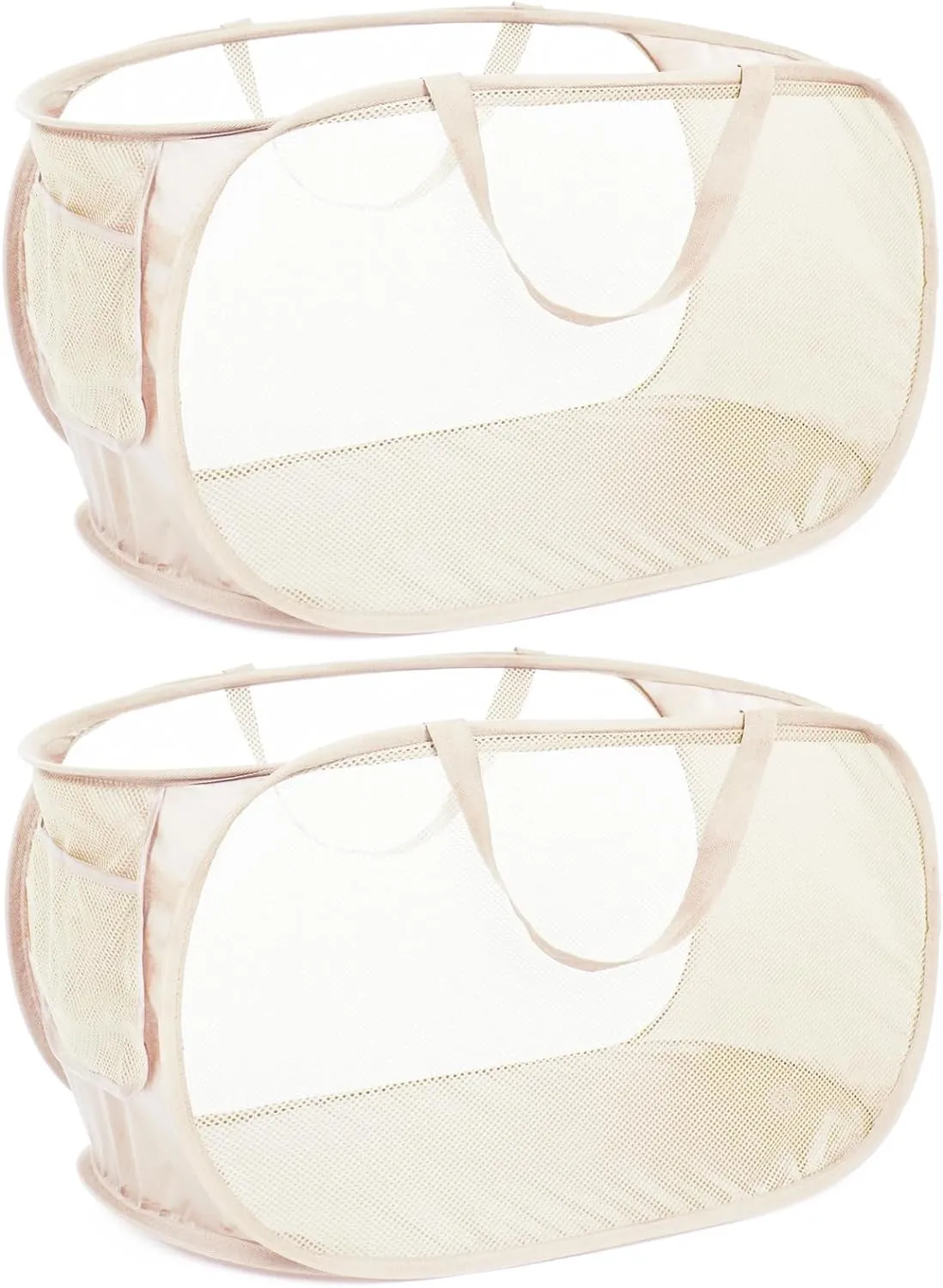 Durable Collapsible Laundry Baskets, Mesh Pop Up Laundry Hamper with Side Pocket, Foldable Clothes Hamper with Reinforced Carry Handles for Laundry, Bathroom, Kids Room, Dorm or Travel 2 Pack Beige