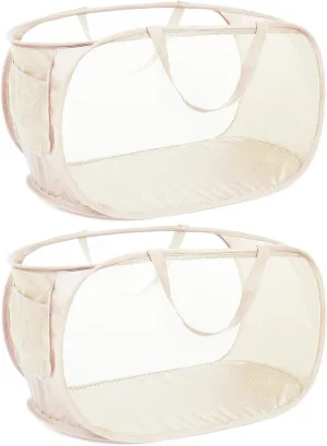 Durable Collapsible Laundry Baskets, Mesh Pop Up Laundry Hamper with Side Pocket, Foldable Clothes Hamper with Reinforced Carry Handles for Laundry, Bathroom, Kids Room, Dorm or Travel 2 Pack Beige