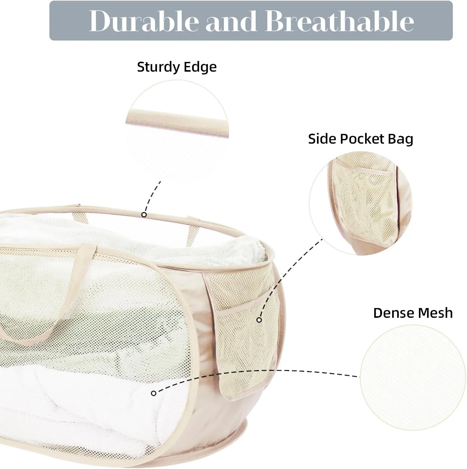 Durable Collapsible Laundry Baskets, Mesh Pop Up Laundry Hamper with Side Pocket, Foldable Clothes Hamper with Reinforced Carry Handles for Laundry, Bathroom, Kids Room, Dorm or Travel 2 Pack Beige