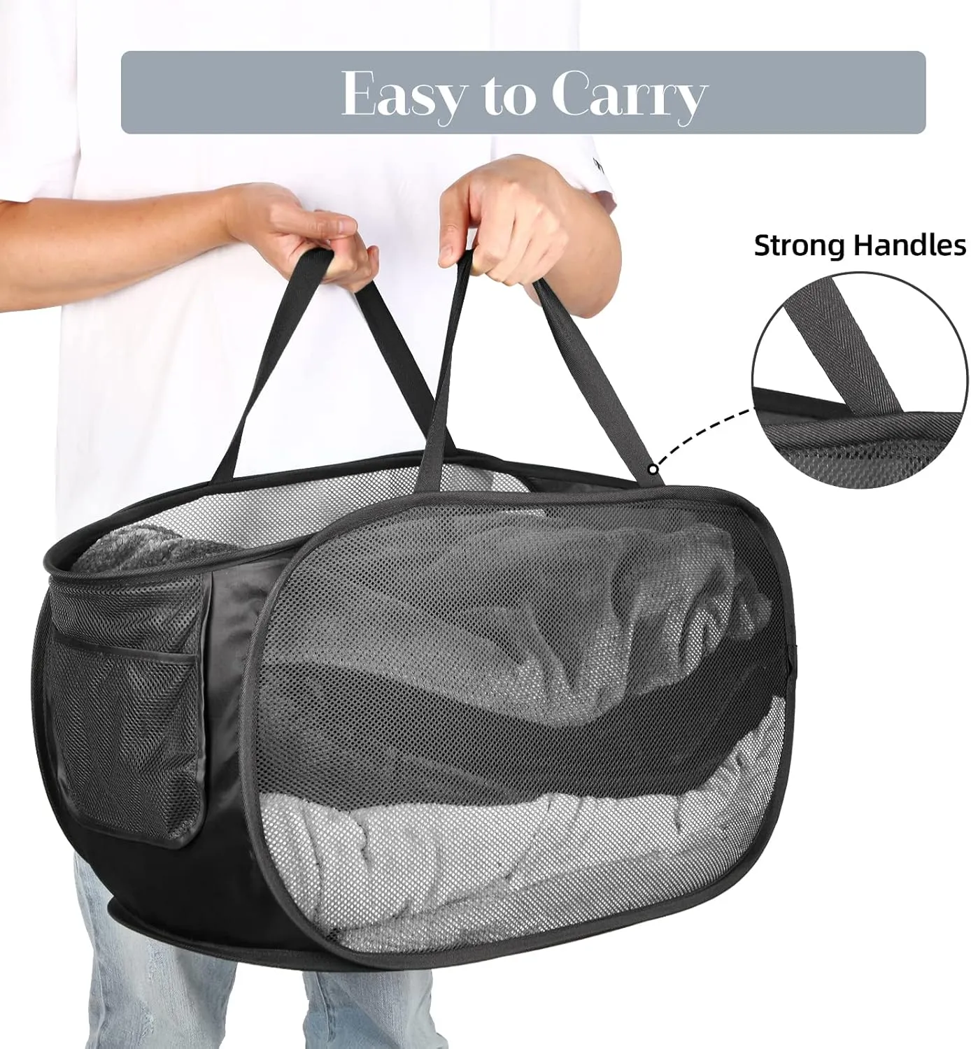 Durable Collapsible Laundry Baskets, Mesh Pop Up Laundry Hamper with Side Pocket, Foldable Clothes Hamper with Reinforced Carry Handles for Laundry, Bathroom, Kids Room, Dorm or Travel 2 Pack Black