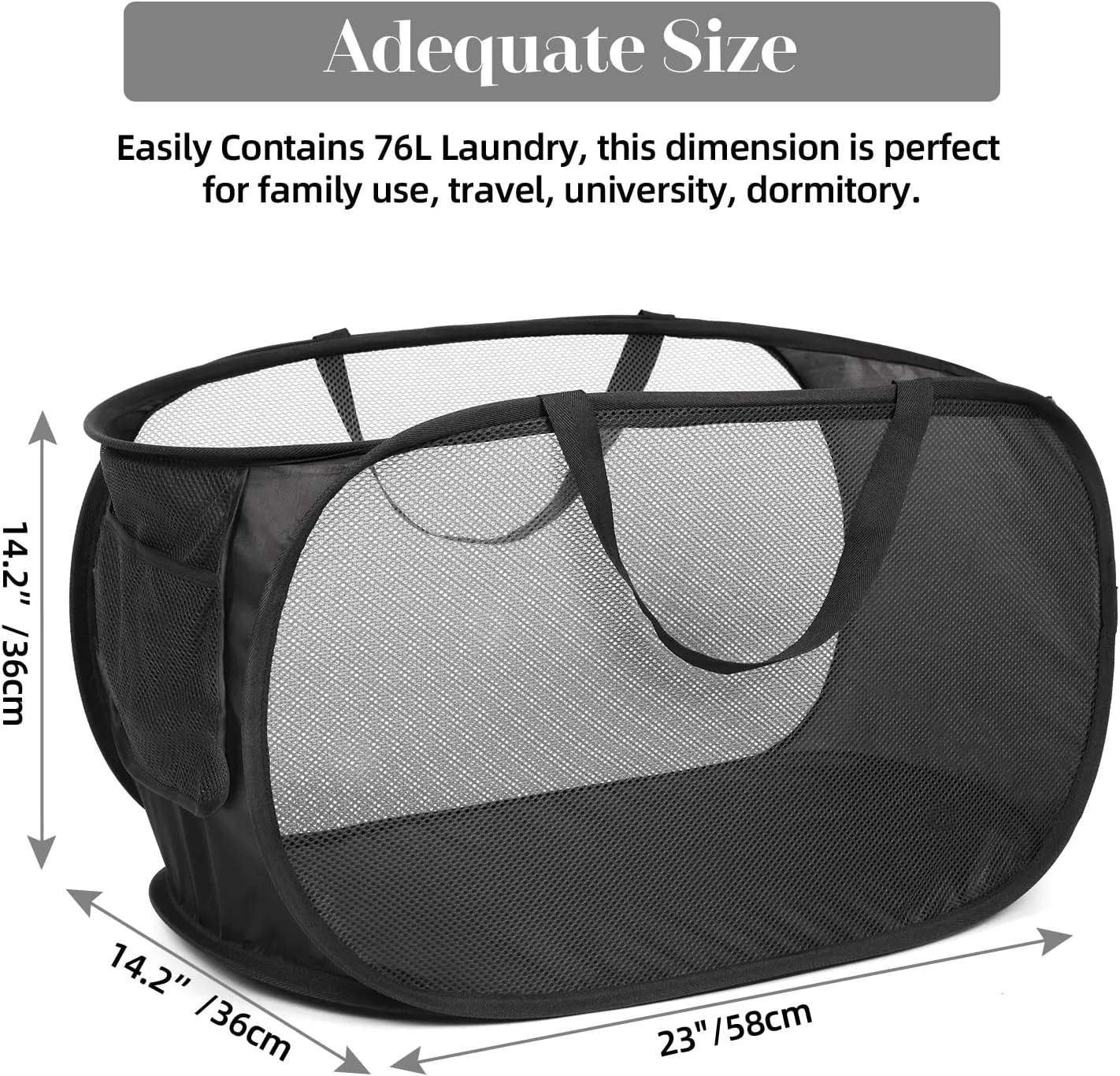 Durable Collapsible Laundry Baskets, Mesh Pop Up Laundry Hamper with Side Pocket, Foldable Clothes Hamper with Reinforced Carry Handles for Laundry, Bathroom, Kids Room, Dorm or Travel 2 Pack Black