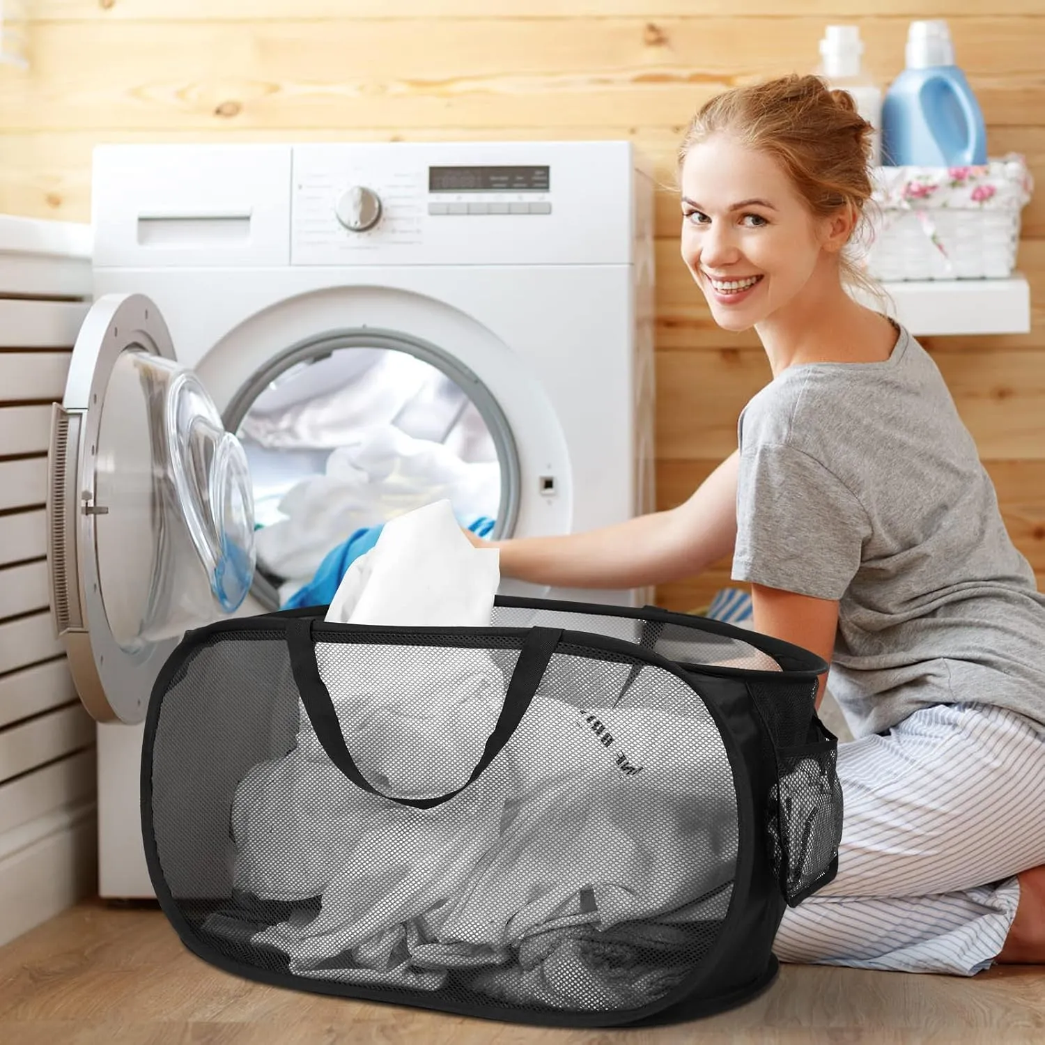 Durable Collapsible Laundry Baskets, Mesh Pop Up Laundry Hamper with Side Pocket, Foldable Clothes Hamper with Reinforced Carry Handles for Laundry, Bathroom, Kids Room, Dorm or Travel 2 Pack Black