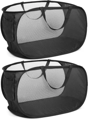 Durable Collapsible Laundry Baskets, Mesh Pop Up Laundry Hamper with Side Pocket, Foldable Clothes Hamper with Reinforced Carry Handles for Laundry, Bathroom, Kids Room, Dorm or Travel 2 Pack Black