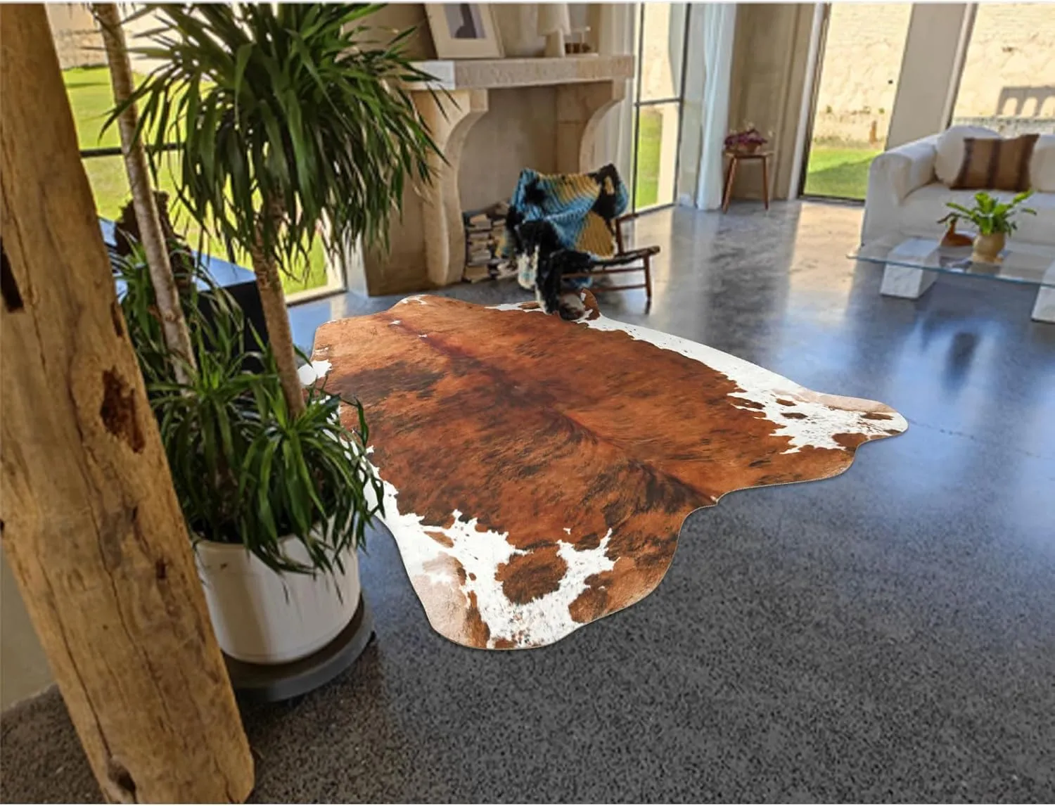 DweIke Premium Faux Cow Hide Rug Cowhide Area Rug, 4.6 x 5.2ft Animal Print Fur Rug Suitable for Bedroom Living Room, Western Decor Carpets for Dining Room Office, Animal Skin Area Rug, Brown