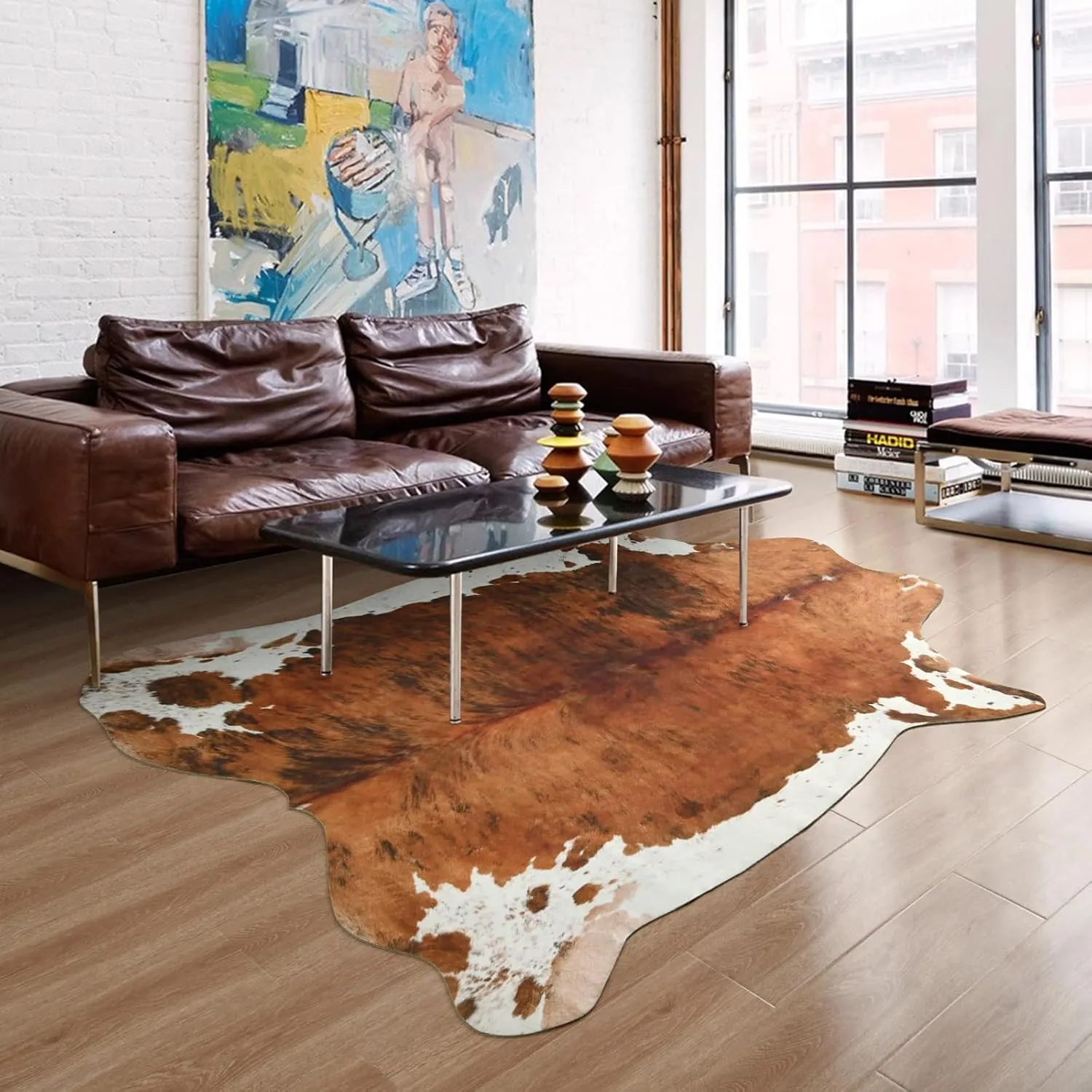 DweIke Premium Faux Cow Hide Rug Cowhide Area Rug, 4.6 x 5.2ft Animal Print Fur Rug Suitable for Bedroom Living Room, Western Decor Carpets for Dining Room Office, Animal Skin Area Rug, Brown