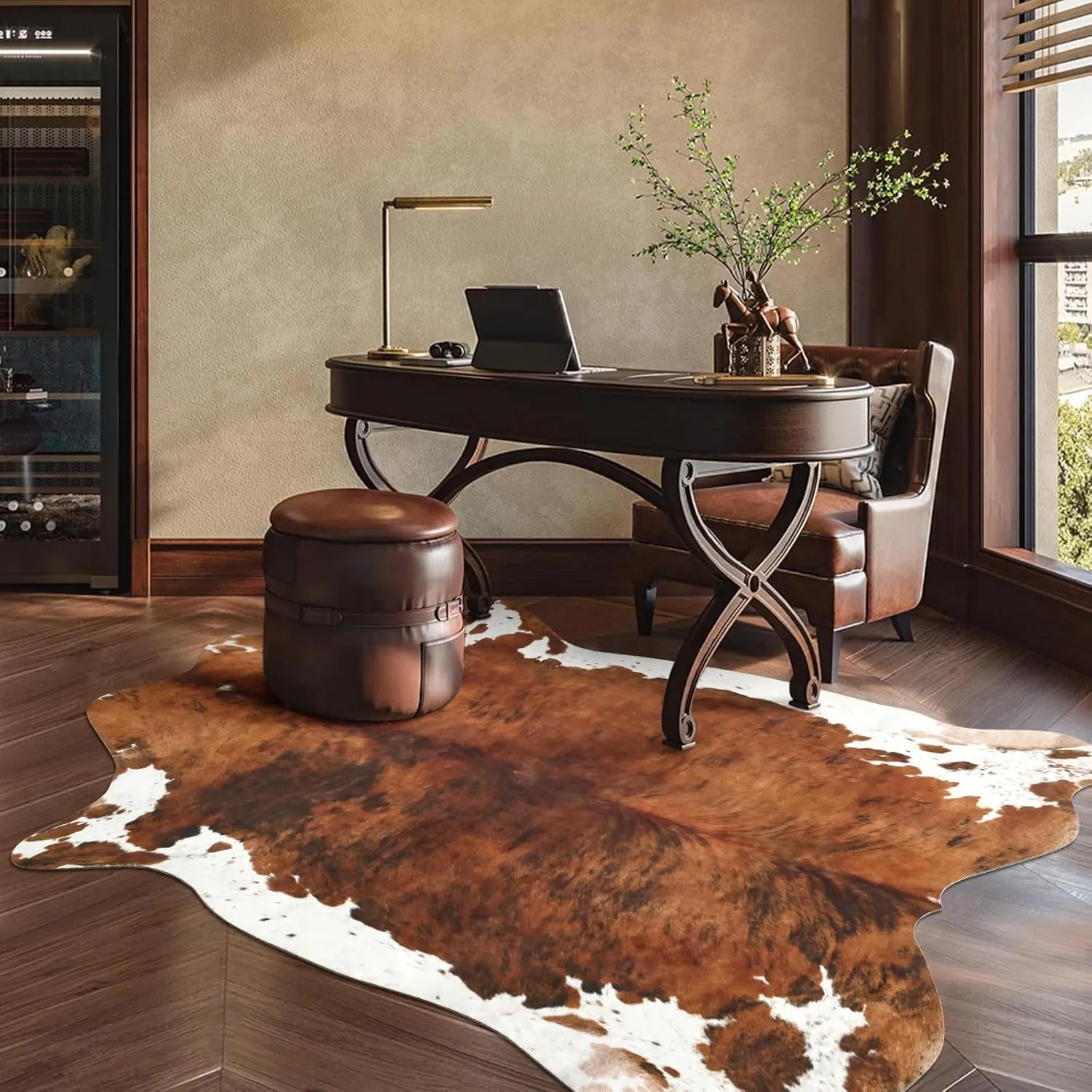 DweIke Premium Faux Cow Hide Rug Cowhide Area Rug, 4.6 x 5.2ft Animal Print Fur Rug Suitable for Bedroom Living Room, Western Decor Carpets for Dining Room Office, Animal Skin Area Rug, Brown
