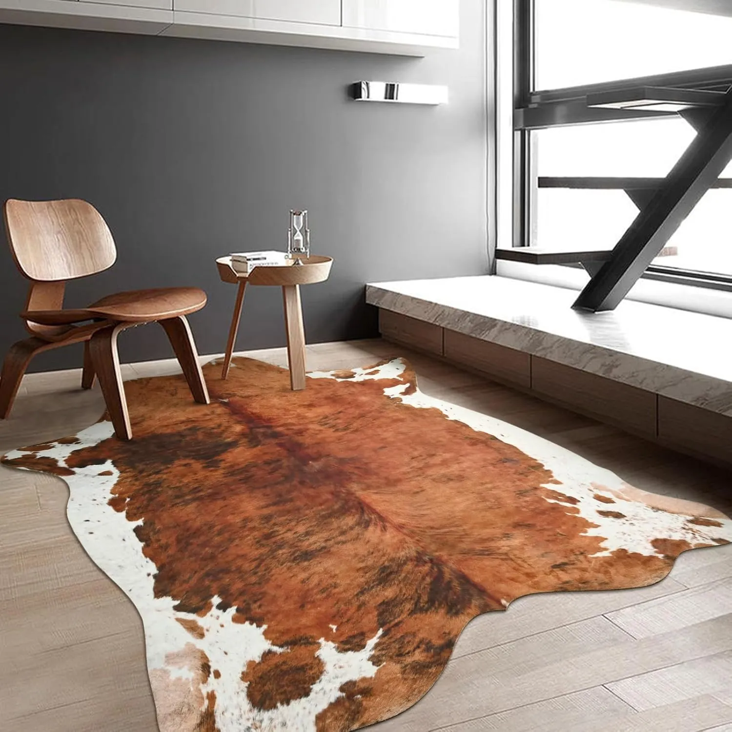 DweIke Premium Faux Cow Hide Rug Cowhide Area Rug, 4.6 x 5.2ft Animal Print Fur Rug Suitable for Bedroom Living Room, Western Decor Carpets for Dining Room Office, Animal Skin Area Rug, Brown