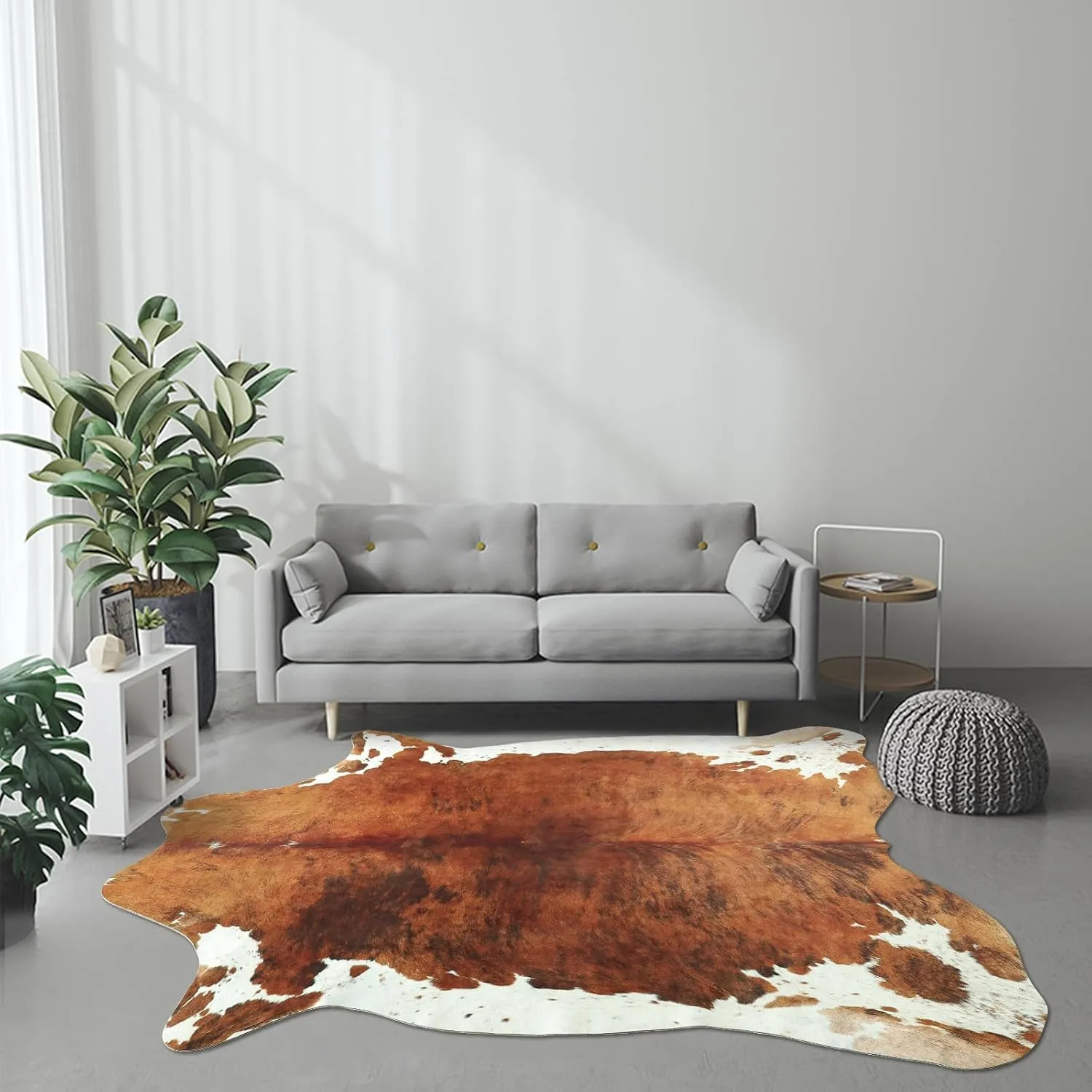 DweIke Premium Faux Cow Hide Rug Cowhide Area Rug, 4.6 x 5.2ft Animal Print Fur Rug Suitable for Bedroom Living Room, Western Decor Carpets for Dining Room Office, Animal Skin Area Rug, Brown