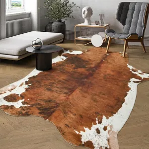 DweIke Premium Faux Cow Hide Rug Cowhide Area Rug, 4.6 x 5.2ft Animal Print Fur Rug Suitable for Bedroom Living Room, Western Decor Carpets for Dining Room Office, Animal Skin Area Rug, Brown
