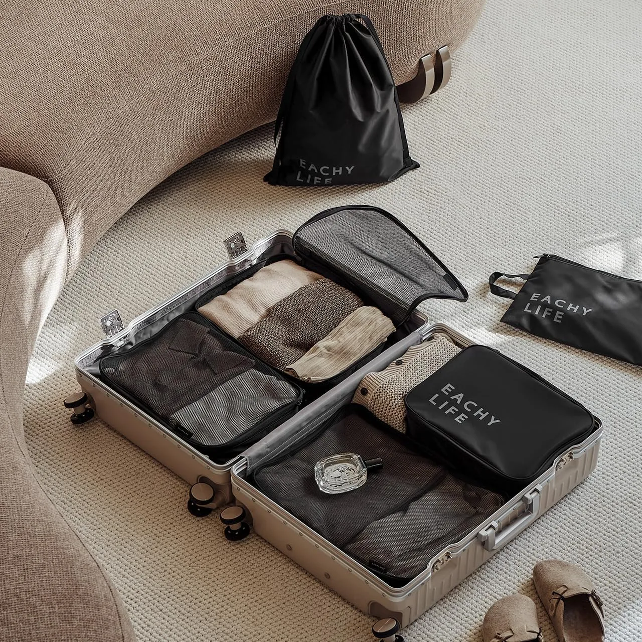 EACHY 6 Set Compression Packing Cubes for Travel & Carry-On, Space-Saving Luggage Organizers & Compression Bags for Clothes & Shoes, Ideal for Vacation & Cruise Essentials