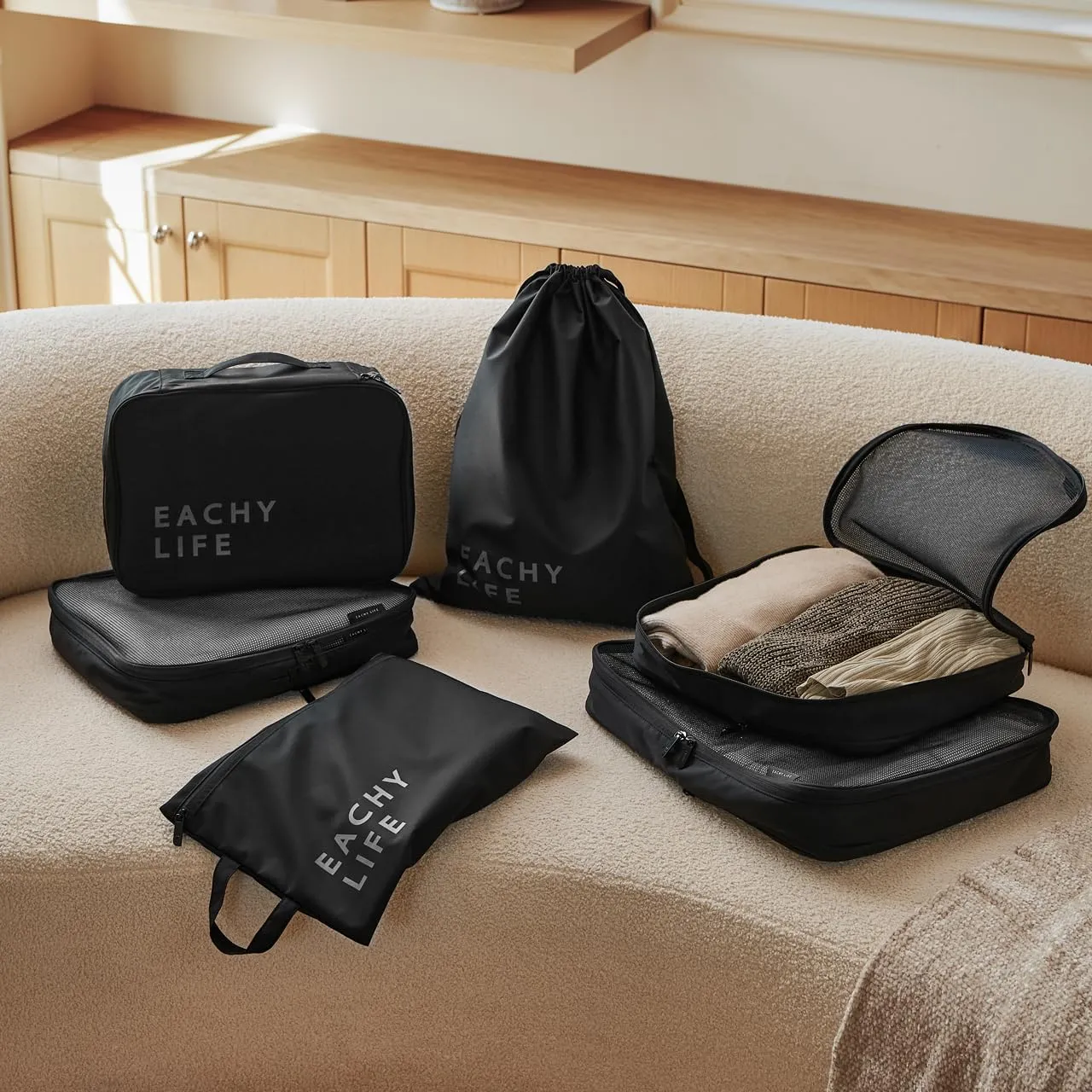 EACHY 6 Set Compression Packing Cubes for Travel & Carry-On, Space-Saving Luggage Organizers & Compression Bags for Clothes & Shoes, Ideal for Vacation & Cruise Essentials