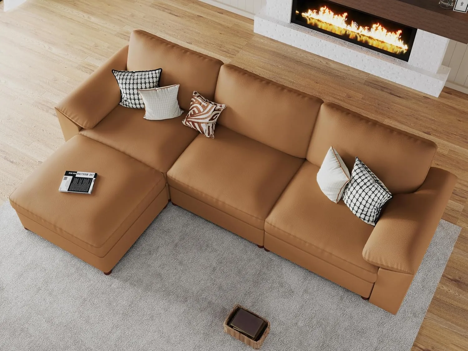EASE MOOSE Oversized Modular Sectional Sofa with Ottoman, Deep Seat Faux Leather Sectional Couch, Scratch Resistant Faux Leather Material, L Shaped Couch for Living Room, Brown