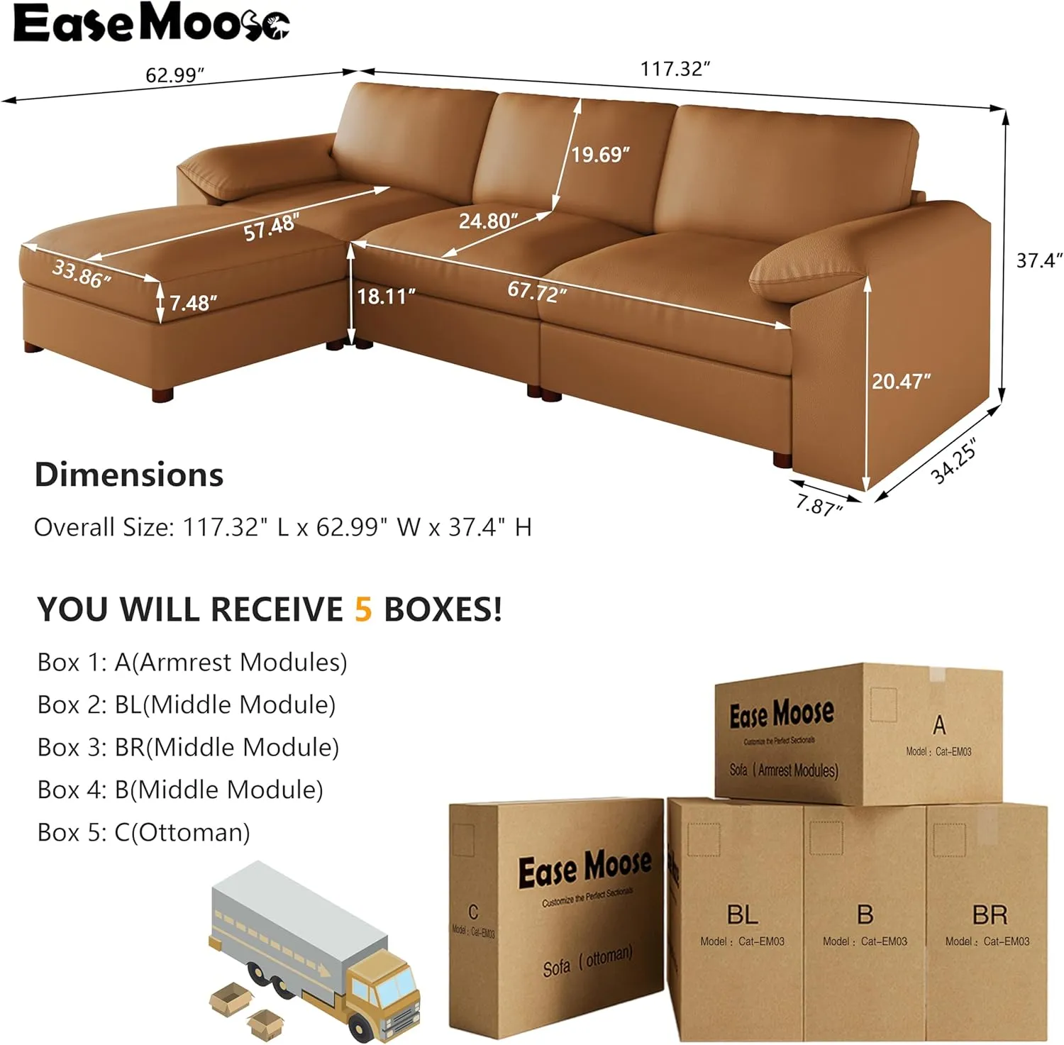 EASE MOOSE Oversized Modular Sectional Sofa with Ottoman, Deep Seat Faux Leather Sectional Couch, Scratch Resistant Faux Leather Material, L Shaped Couch for Living Room, Brown