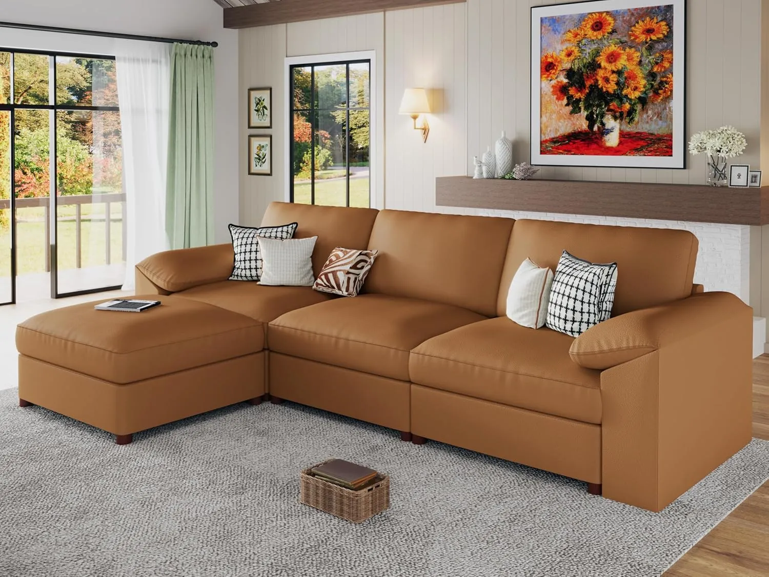 EASE MOOSE Oversized Modular Sectional Sofa with Ottoman, Deep Seat Faux Leather Sectional Couch, Scratch Resistant Faux Leather Material, L Shaped Couch for Living Room, Brown