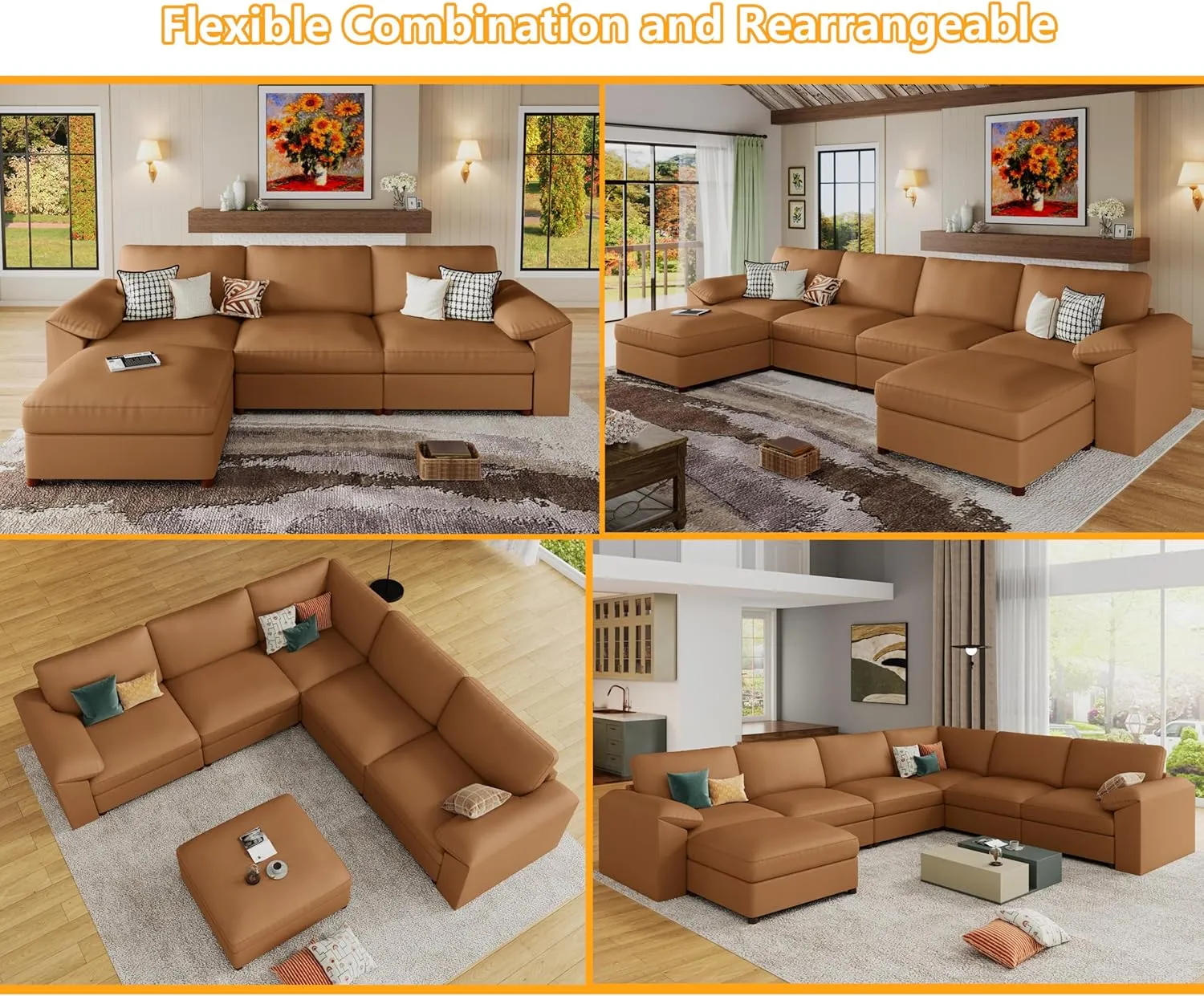 EASE MOOSE Oversized Modular Sectional Sofa with Ottoman, Deep Seat Faux Leather Sectional Couch, Scratch Resistant Faux Leather Material, L Shaped Couch for Living Room, Brown
