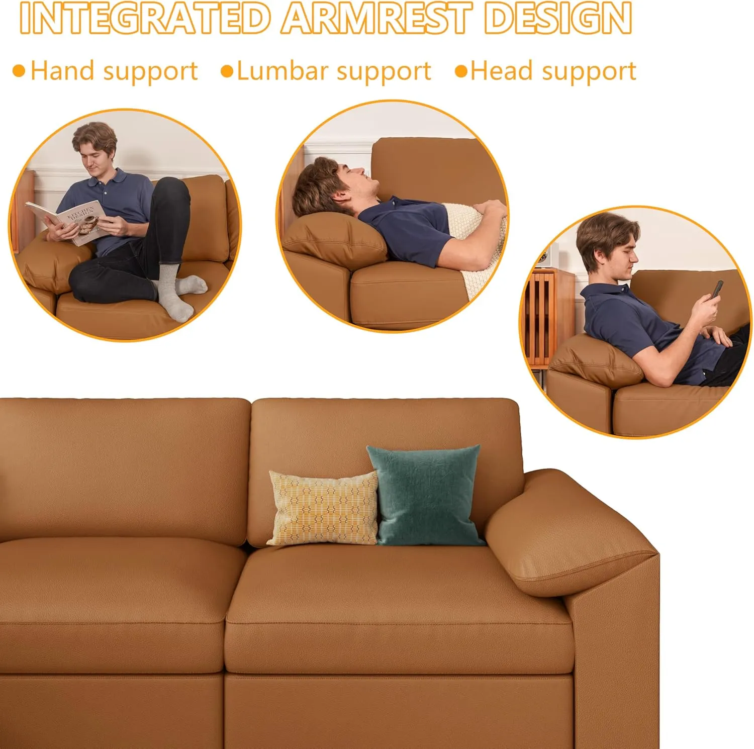 EASE MOOSE Oversized Modular Sectional Sofa with Ottoman, Deep Seat Faux Leather Sectional Couch, Scratch Resistant Faux Leather Material, L Shaped Couch for Living Room, Brown