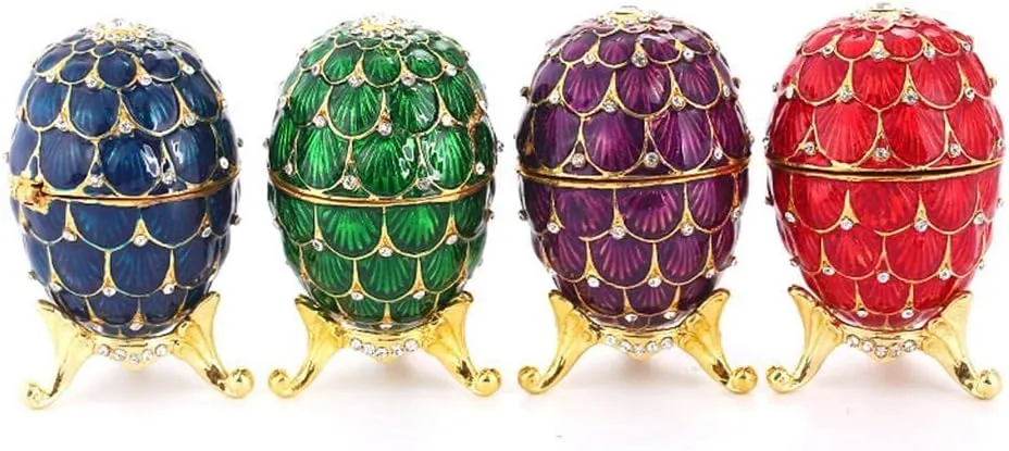 Easter Egg Crystal Jewelry Box Trinket Case Home Decor - Enamel Rhinestone Faberge Egg Organizer for Wedding Party - Sparkling Storage Container Display for