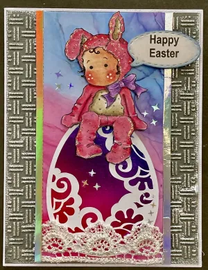 EASTER - MAGNOLIA TILDA in Bunny Costume Sitting on Egg - Handmade card by DEE