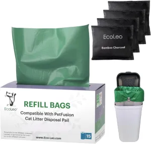 EcoLeo Compatible Liner Bags for Pet Waste Pail, 15 Count, Bamboo Charcoal Deodorizer Bags
