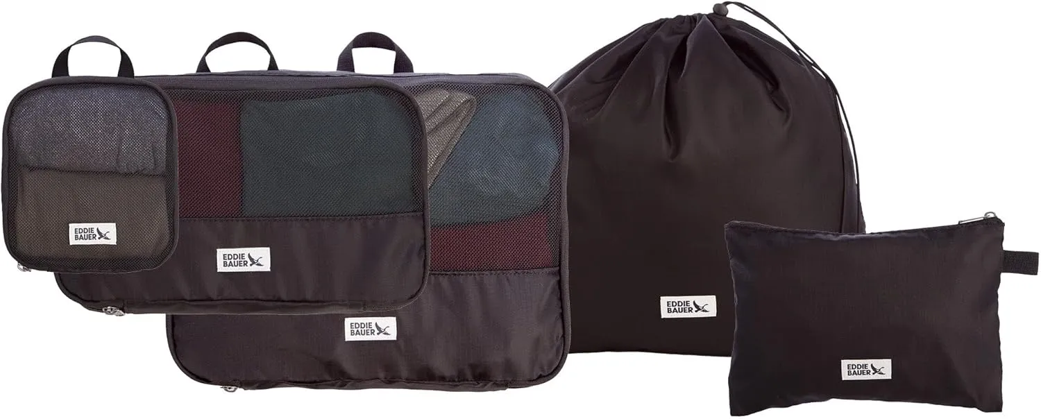 Eddie Bauer 5 Set Packing Organizer Cubes for Suitcases, Travel Essentials for Carry on, Lugagge Oganizer Bags Set Accessories, Black