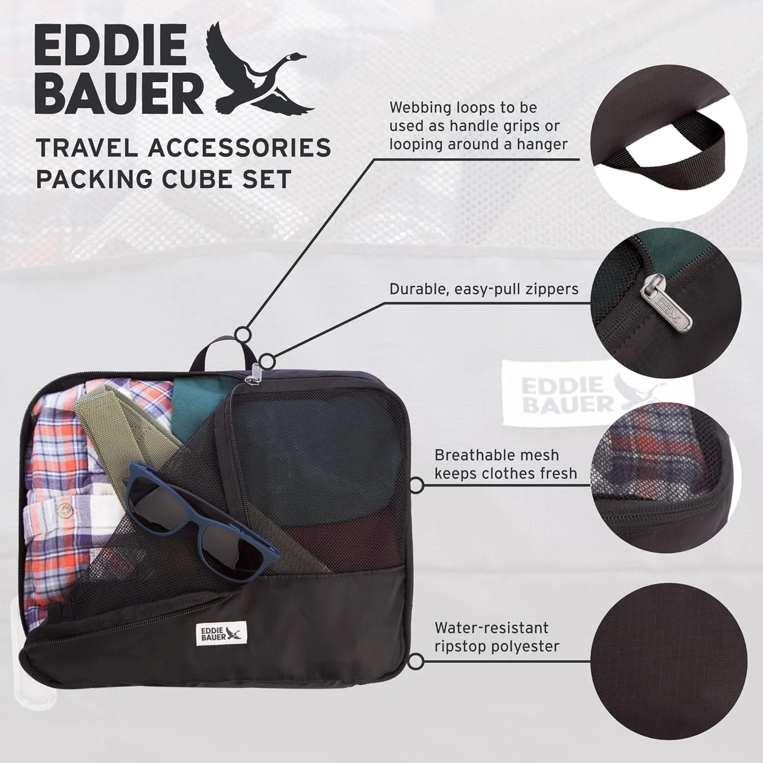 Eddie Bauer 5 Set Packing Organizer Cubes for Suitcases, Travel Essentials for Carry on, Lugagge Oganizer Bags Set Accessories, Black
