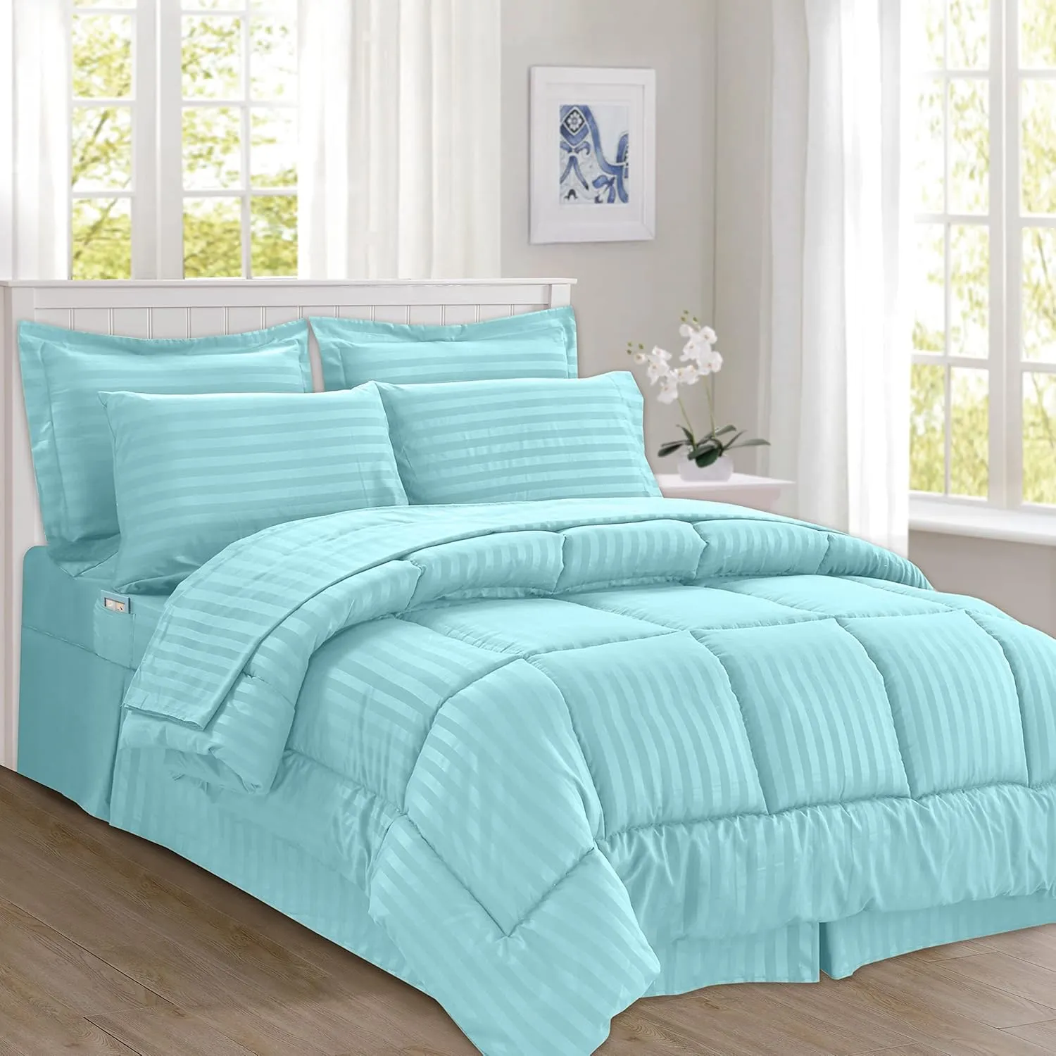 Elegant Comfort® Wrinkle Resistant - Silky Soft Dobby Stripe Bed-in-a-Bag 8-Piece Comforter Set -HypoAllergenic - Full/Queen, Light Blue